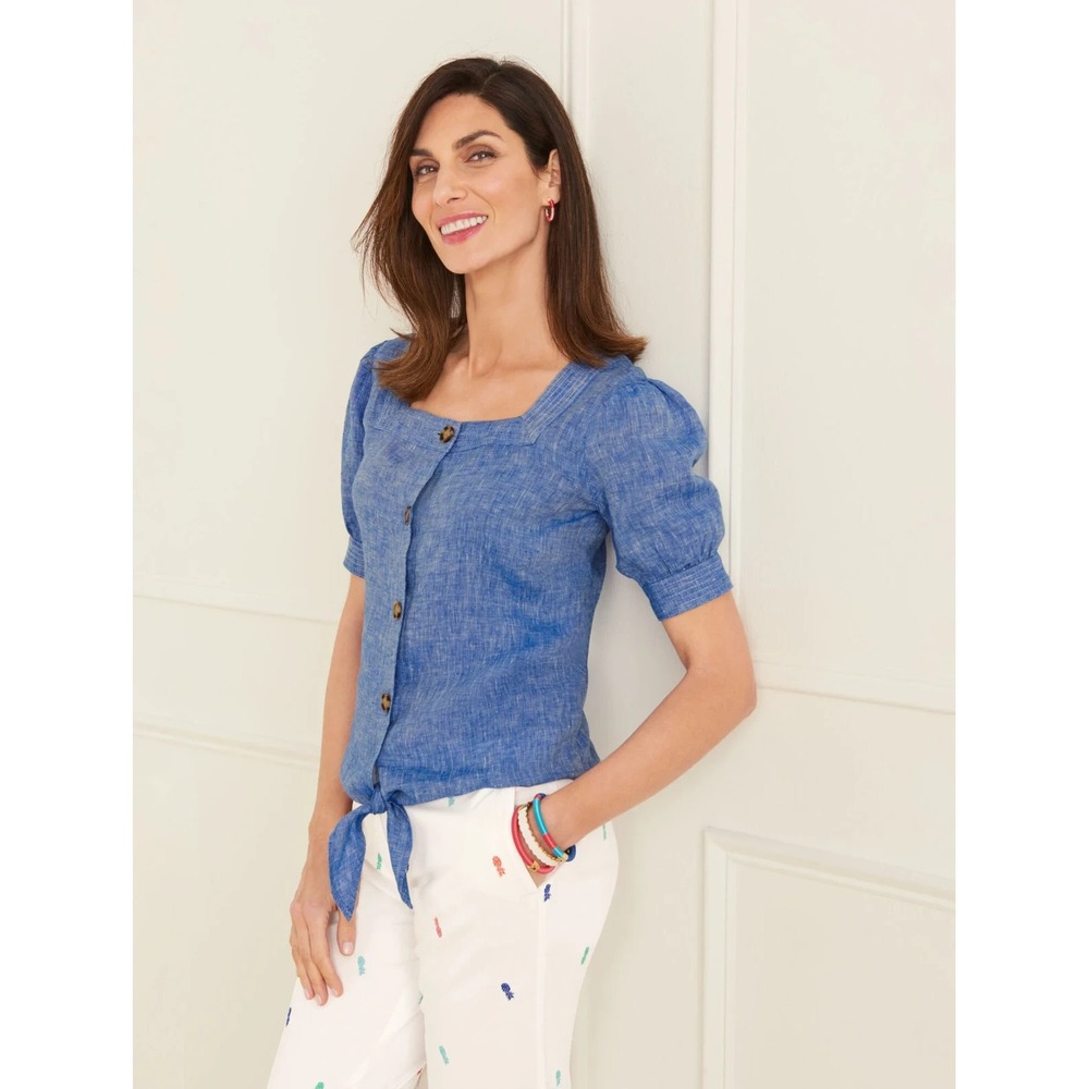 Talbots‎ L Shirt Top Blue Linen Button Tie Front Short Sleeve Square Neck